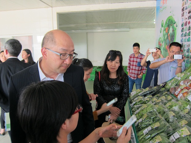 谭志源（左）参观从化一个註册供港蔬菜种植基地，听取员工介绍如何利用电子平台销售农產品。