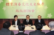 The Under Secretary for Constitutional and Mainland Affairs, Miss Adeline Wong, met representatives of the sports, performing arts, culture and publication sector, including Legislative Council member Mr Timothy Fok, today (December 3) to listen to the sector's views on the methods for selecting the Chief Executive and for forming the Legislative Council in 2012. Photo shows Miss Wong (left) introducing the consultation document to the participants. On the right is the Deputy Secretary for Constitutional and Mainland Affairs, Mr Arthur Ho.