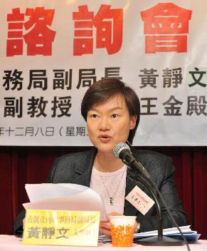 The Under Secretary for Constitutional and Mainland Affairs, Miss Adeline Wong, met representatives from the Association of the Hong Kong Central and Western District and the Central and Western District development synergy today (December 8) to listen to their views on the methods for selecting the Chief Executive and for forming the Legislative Council in 2012. Photo shows Miss Wong introducing the consultation document to the participants.
