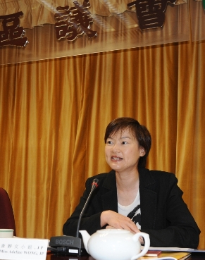 Photo shows Miss Wong speaking at the Tai Po District Council meeting.