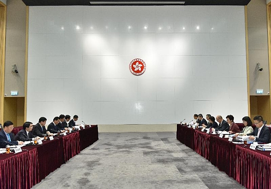 The Chief Secretary for Administration, Mrs Carrie Lam (third right), this afternoon (April 15) co-chaired the Second Hong Kong-Fujian Co-operation Conference with the Vice-Governor of Fujian Province, Mr Liang Jianyong (third left), at the Conference Hall, Central Government Offices, Tamar.