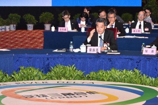 The Chief Executive, Mr C Y Leung (front), takes part in a discussion with government leaders of the Pan-Pearl River Delta provinces/regions at the Provincial and Ministerial Consultative Conference while attending the 2016 Pan-Pearl River Delta Regional Co-operation Chief Executive Joint Conference in Nanchang, Jiangxi Province, this afternoon (October 14). Also attending the conference were the Secretary for Constitutional and Mainland Affairs, Mr Raymond Tam (third row, first right); the Secretary for Development, Mr Paul Chan (second row); the Secretary for Innovation and Technology, Mr Nicholas W Yang (third row, second left); the Permanent Secretary for Commerce and Economic Development (Commerce, Industry and Tourism), Mr Philip Yung (third row, first left); and other officials.