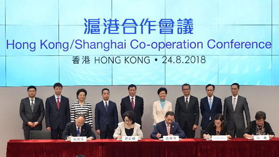 The Chief Executive, Mrs Carrie Lam, attended the 4th Plenary Session of the Hong Kong/Shanghai Co-operation Conference signing ceremony and lunch today (August 24). Photo shows (from back row, third left) Deputy Director of the Liaison Office of the Central People's Government in the Hong Kong Special Administrative Region Ms Qiu Hong; Deputy Director of the Hong Kong and Macao Affairs Office of the State Council Mr Huang Liuquan; the Mayor of Shanghai, Mr Ying Yong; Mrs Lam; the Financial Secretary, Mr Paul Chan; the Secretary for Constitutional and Mainland Affairs, Mr Patrick Nip; the Secretary for Education, Mr Kevin Yeung; and other officials from both sides witnessing the signing of agreements on co-operation between Hong Kong and Shanghai.