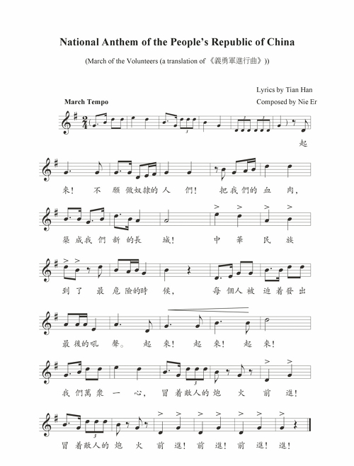 Stave notation of the national anthem
